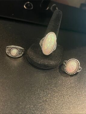 Silver tone White Opal Oval Rings (3)- Costume Women's Jewelry B14
